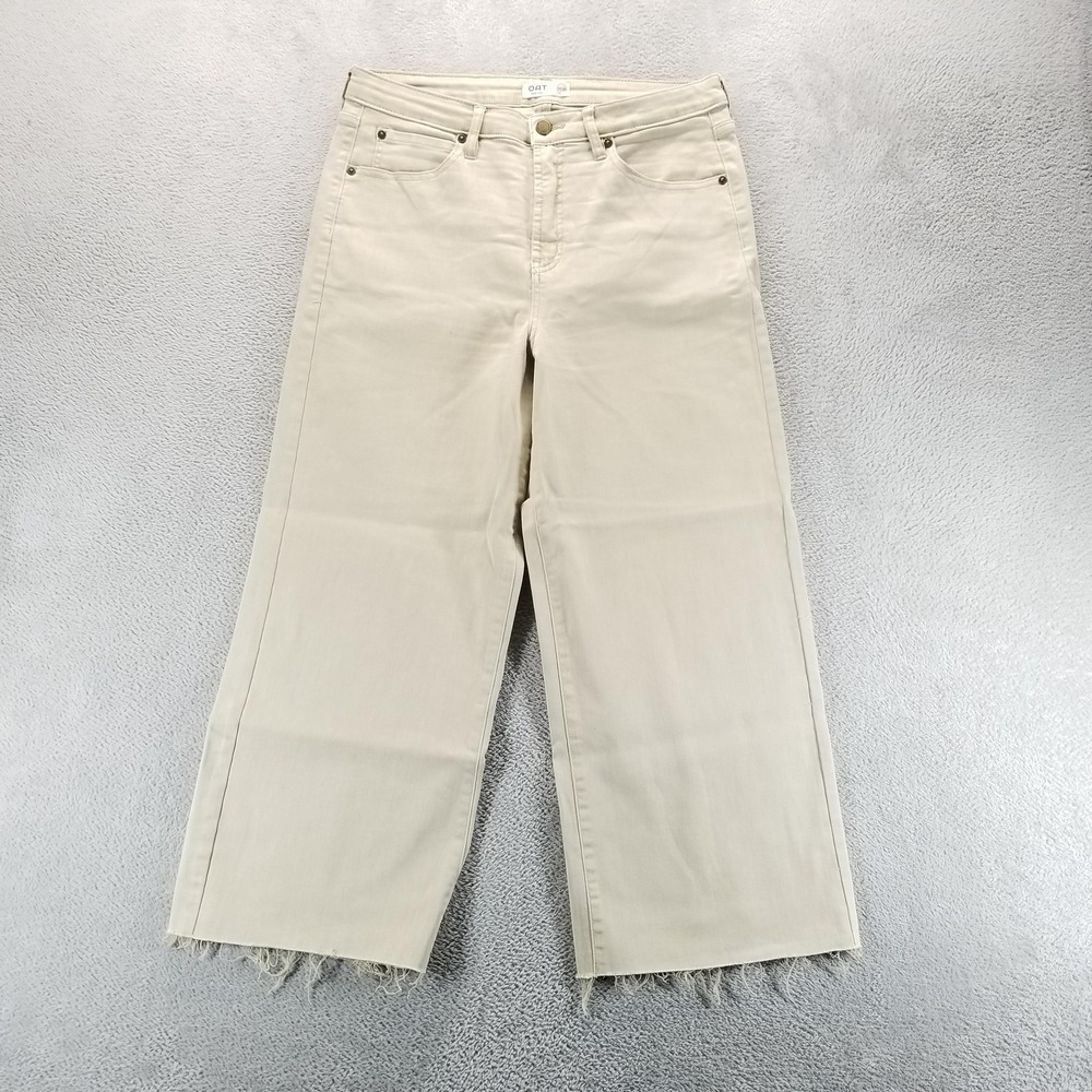 OAT Jeans Womens‎ 10 Beige High Rise Wide Leg Crop Fringe Hem Stretch Denim